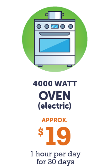4000 Watt oven (electric) $19 – 1 hour per day / 30 days