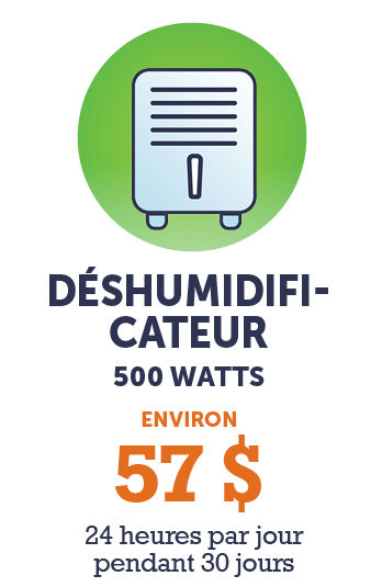 Graphique - Déshumidificateur 500 watts  (environ 57 $ - 24 heures par jour pendant 30 jours)